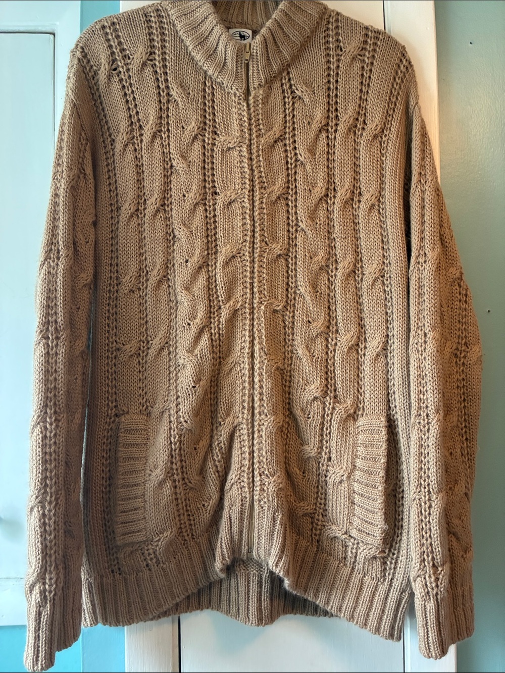 Alpaca Zip-Front Cable Knit Cardigan Sweater in Taupe